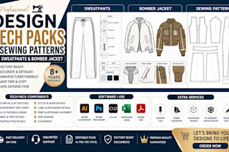 design tech packs and sewing patterns for sweatpants and bomber jackets