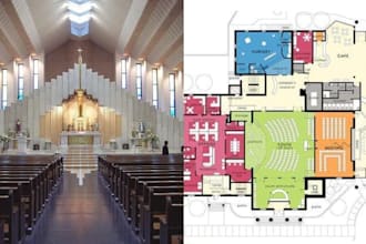 design church floor plan, 3d exterior and interior  with realistic rendering