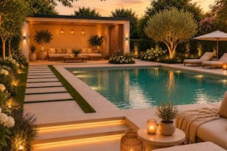 create realistic 3d landscape rendering for backyard, garden, pool and patio