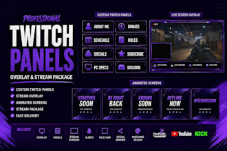 design custom twitch panels stream overlay and animated gaming twitch overlay