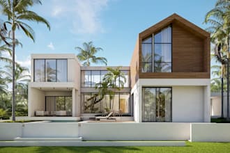 tropical villa exterior,residential facade,interior funiture,high end beachfront