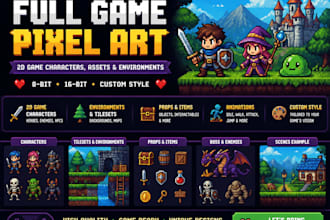 create pixel game art, 2d game characters, pixel sprite sheet, pixel animation