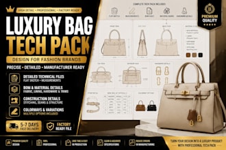 high detail luxury bag tech pack design for fashion brands