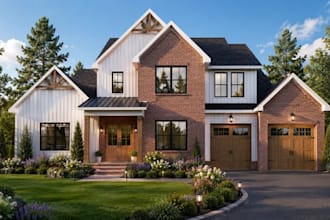 3d suburban home design,exterior curb appeal,loft balcony,rustic interior render