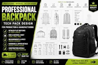 professional backpack tech pack design  for production and manufacturing