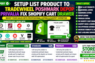 setup list product to tradewheel poshmark depop privalia fix shopify cart drawer