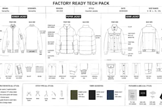 create tech pack for bomber jacket denim puffer jackets for manufacturing
