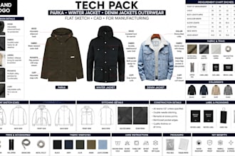 create parka, winter jacket, denim jackets outerwear tech pack for manufacturing