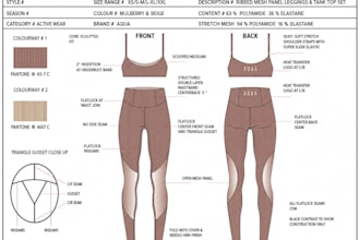 design sportswear tech pack for gym sets, leggings and activewear