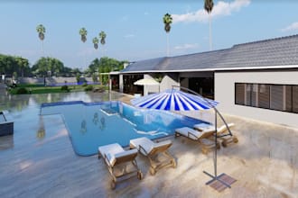 design outdoor garden, villa courtyard layout, pergola, swimming pool rendering