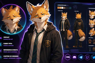custom vrchat furry character art, reference sheets, furry pfps and furry oc des