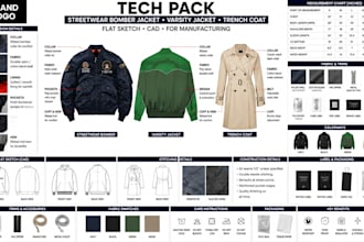 create streetwear bomber jacket trench coats tech pack for manufacturing