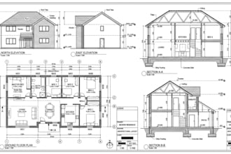 design residential floor plan with dimentions, elevations, sections in autocad