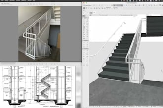 create 2d stair drawing design, 3d stairs render design