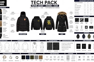 design puffer jacket, hoodie, oversized jackets coat tech pack for manufacturing