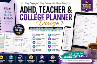 create adhd college planner, lesson note planner, teacher lesson planner design