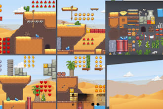 design pixel tileset, game background, cohesive set of UI icons for mobile game