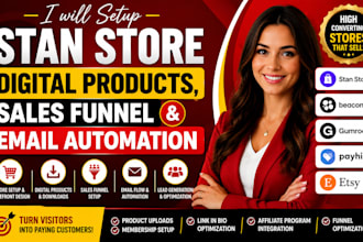 setup stan store, digital products, sales funnel and email automation