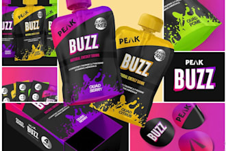 create peak buzz logo, kids food, branding, label packaging design