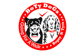 create playful laid back logo for dog characters walk
