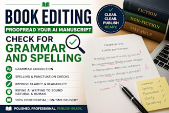 do book editing, proofread your ai manuscript, check for grammar and spelling