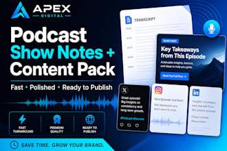 write podcast show notes with timestamps and promo copy
