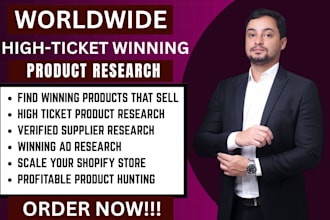 find worldwide shopify high ticket winning product research supplier research ad