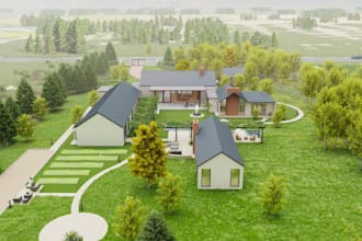 create 3d farmhouse design, village house, farm cabin, eco farmhouse design