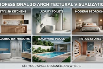 do random 3d kitchen, toilet, bedroom, bathroom, backyard pool and retail store