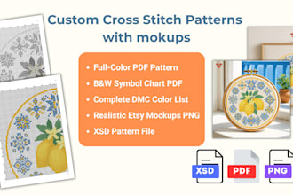 design etsy cross stitch patterns with mockups for commercial use