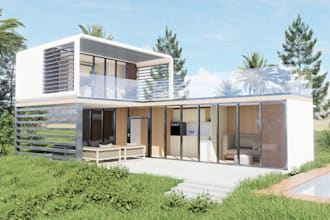 redesign shipping container home,3d exterior rendering, cabin,tiny house,2d plan