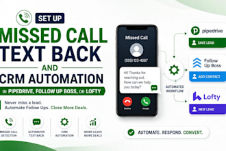 set up missed call text back, CRM automation in pipedrive follow up boss lofty