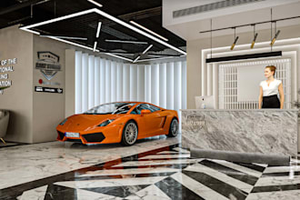 design cgi car showroom interior, office car dealership lighting, flagship store