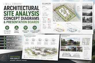 create architectural site analysis, concept diagrams and presentation boards