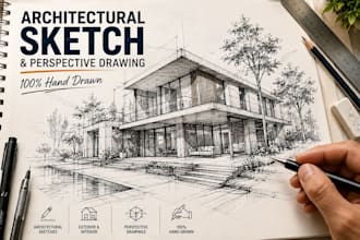 draw architectural sketch, perspective drawing and building illustration