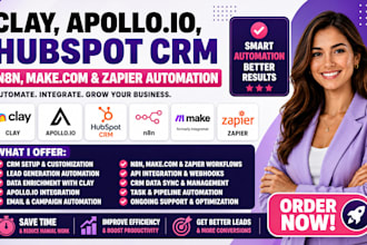 setup clay, apollo io, hubspot CRM, n8n, make com and zapier automation