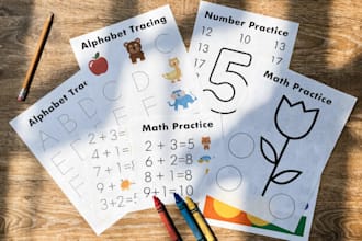 design amazing kids worksheets, flashcards with illustration