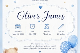 design a beautiful custom birth announcement card for your baby