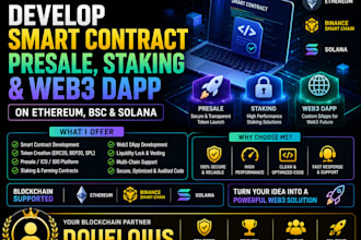 develop smart contract, presale, staking and web3 dapp on ethereum bsc solana