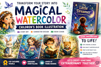 illustrate whimsical watercolor children book illustration story art, book cover