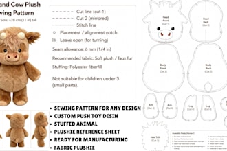 design plush sewing pattern tech pack stuffed animal plush toy reference sheet