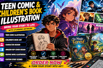 illustrate children comic story, teen illustration for amazon kdp cover design