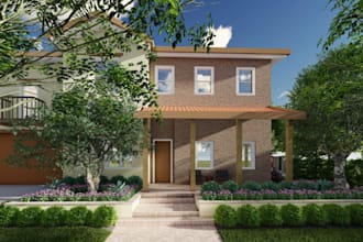 render 3d front backyard, outdoor living deck, garage, carport, sauna, courtyard