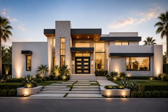 design and render modern house exteriors with realistic landscaping