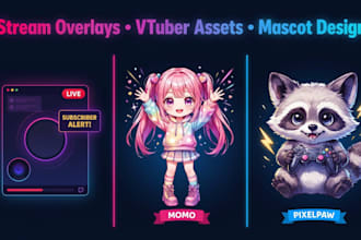 design custom twitch stream overlay, vtuber assests, and mascot characters