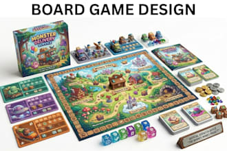 design board game, card game, tabletop game, game assets and rulebook