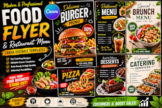 design modern food flyer templates, restaurant menu, canva editable
