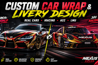 design custom car livery wrap for iracing, le mans ultimate and acc