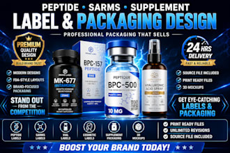 design peptide sarms supplement, vial, spray cosmetic label and packaging design