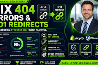 fix shopify and wordpress 404 errors, broken links, and 301 redirects
